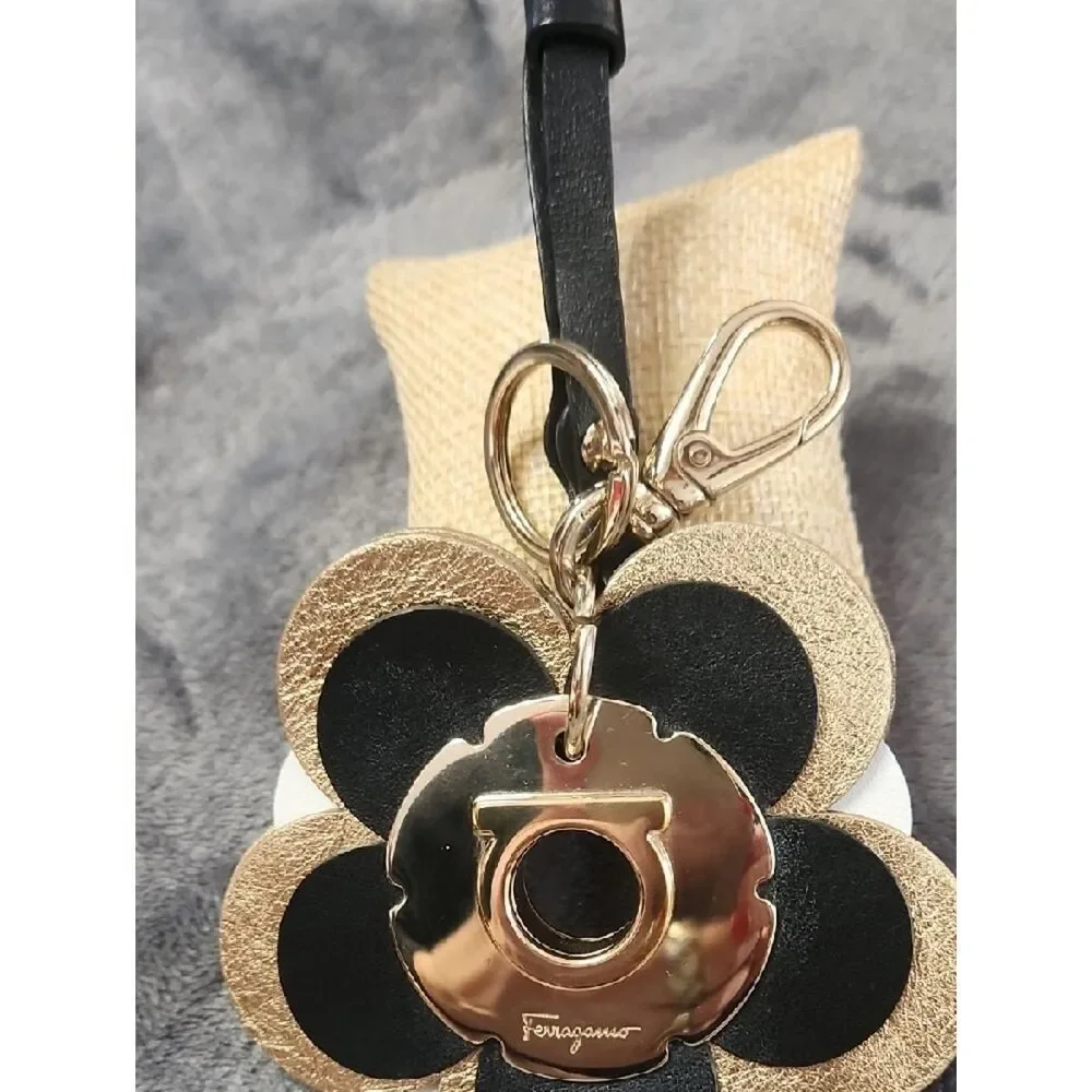 Salvatore Ferragamo Black & Gold Leather Flower Key Holder